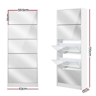 5 Drawer Mirrored Wooden Shoe Cabinet – White